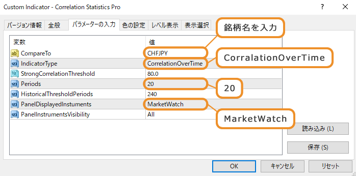 (パラメータ入力後)「Correlation Statistics Pro」が再設定された図