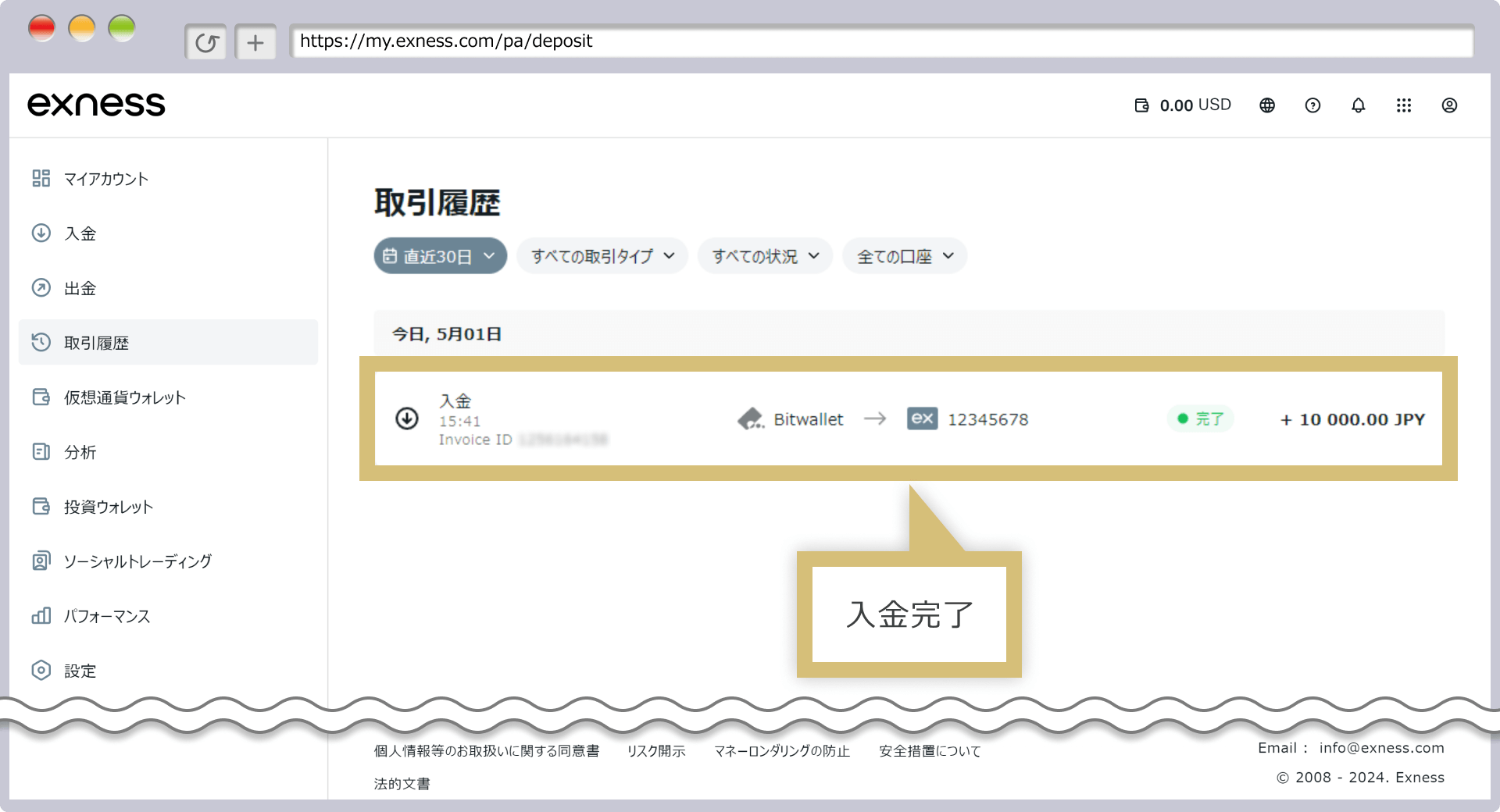 Exness取引履歴画面