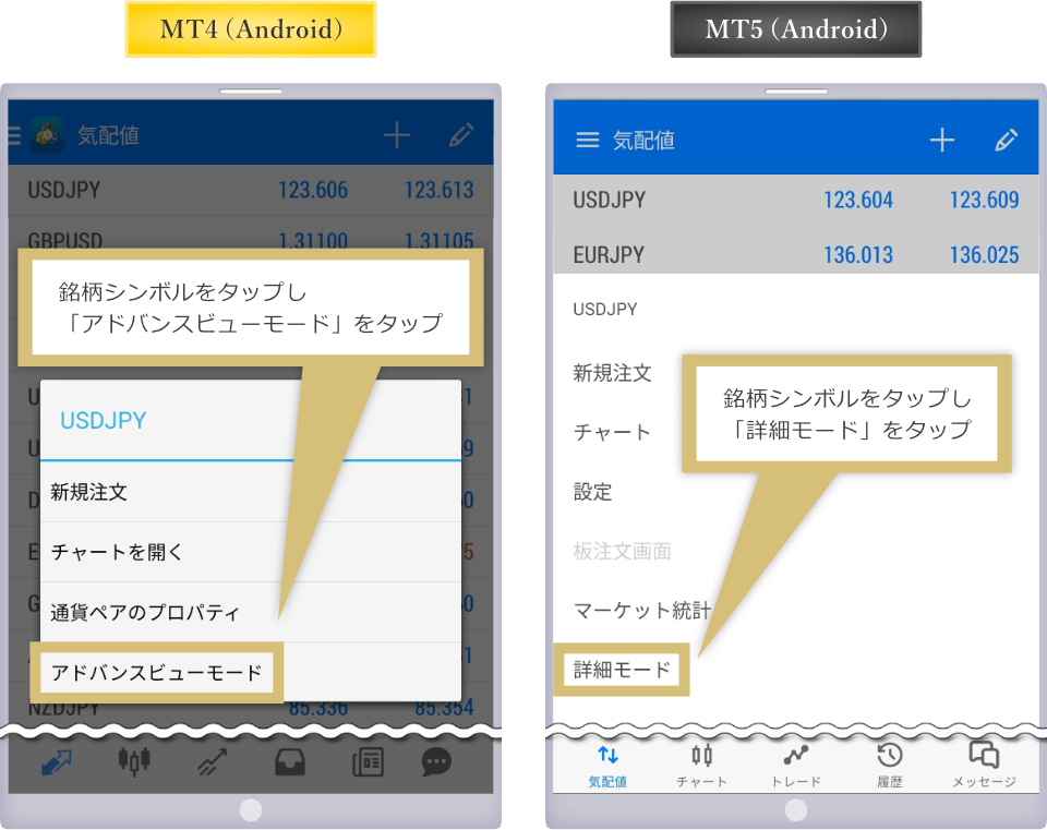 MT4/MT5Android詳細モード切替画面