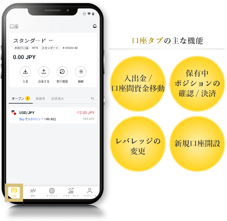 Exnessトレードアプリ「口座」タブ