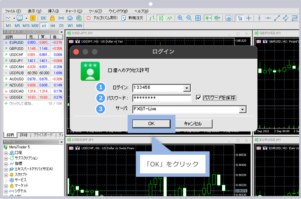 MT4/MT5ログイン情報を入力して「OK」をクリック