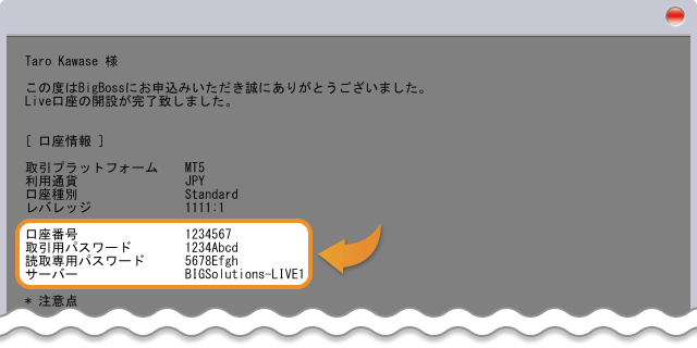 BigBossの口座情報が届く