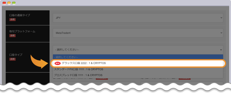 口座開設ページの口座タイプでデラックス口座を選択