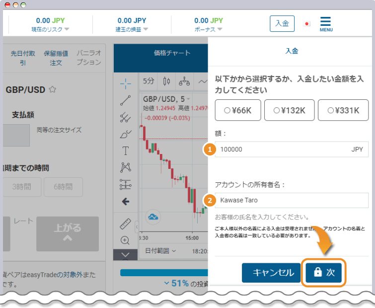 入金額とアカウントの所有者名を入力