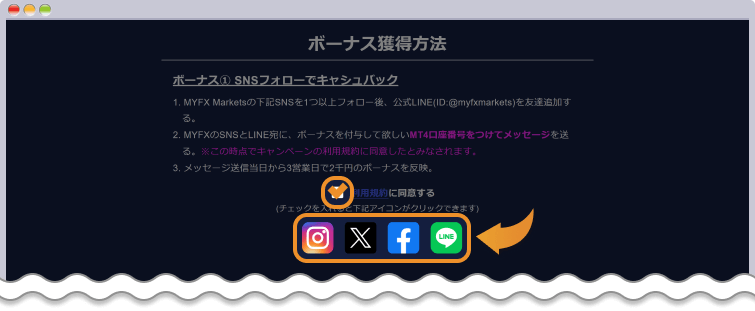 利用規約にチェックを入れて、SNSを開く
