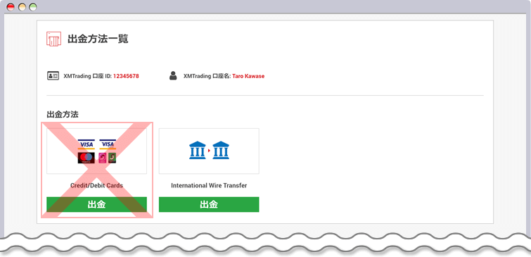 XM会員ページ-クレジット(デビット)カードの選択肢が非表示