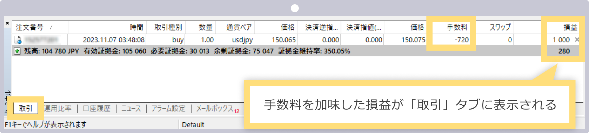 MT4の手数料表示
