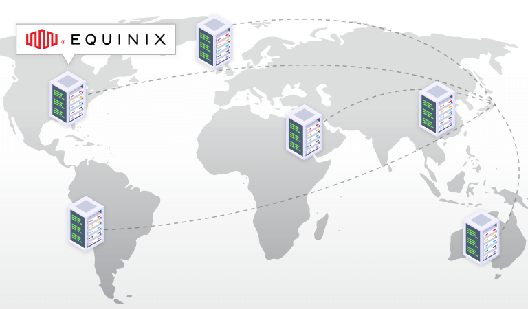 NYのEquinix社を含む複数の取引サーバーを世界各所に設置していることを表したイラスト