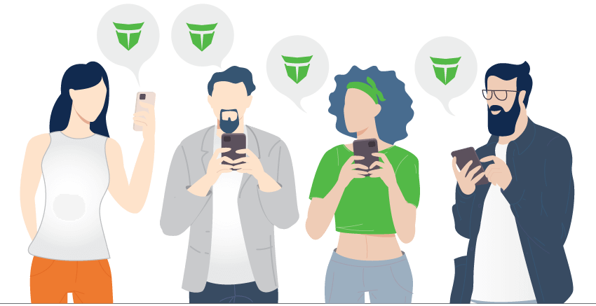 4人がスマホでTitan FXを紹介合っているイラスト