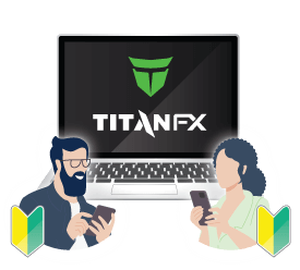 初心者マークをつけた二人がTitan FXのリアル口座を新規開設しているイラスト