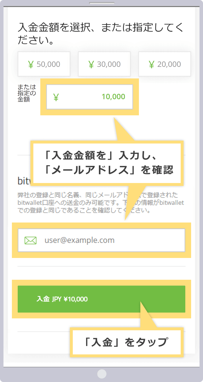 入金金額の入力とbitwallet口座の確認、入金リクエストの送信