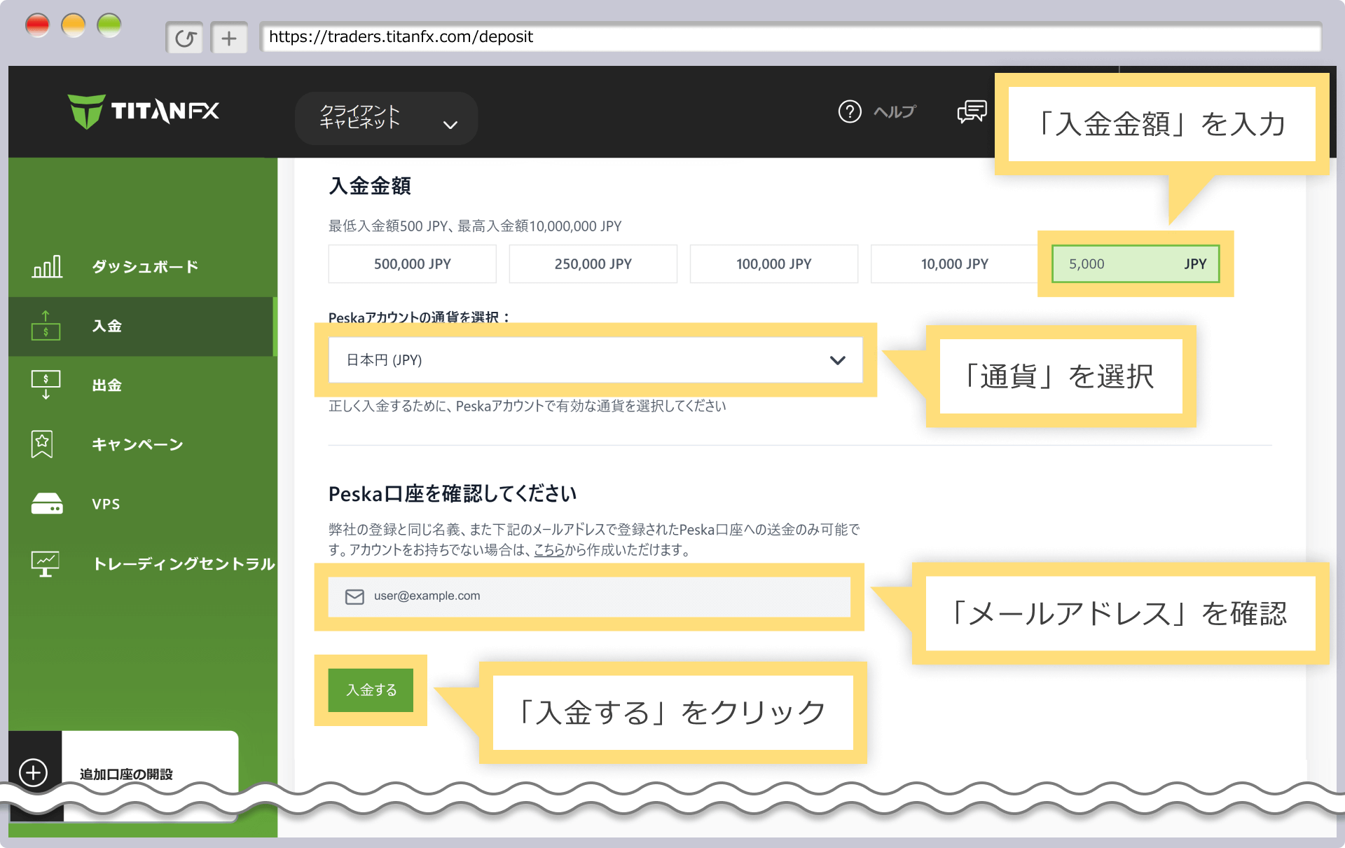 入金金額の入力とPeska口座の確認、入金リクエストの送信