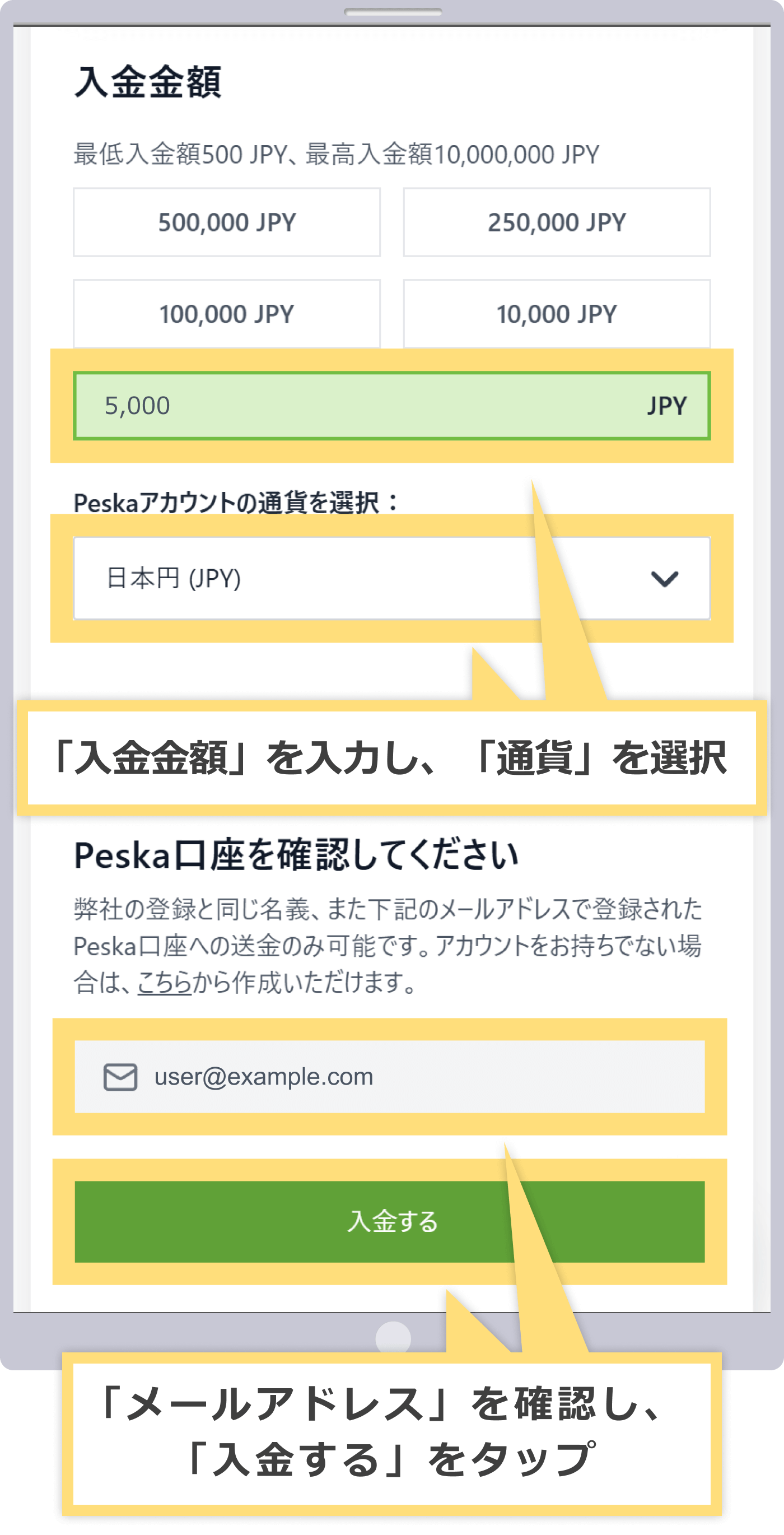 入金金額の入力とPeska口座の確認、入金リクエストの送信
