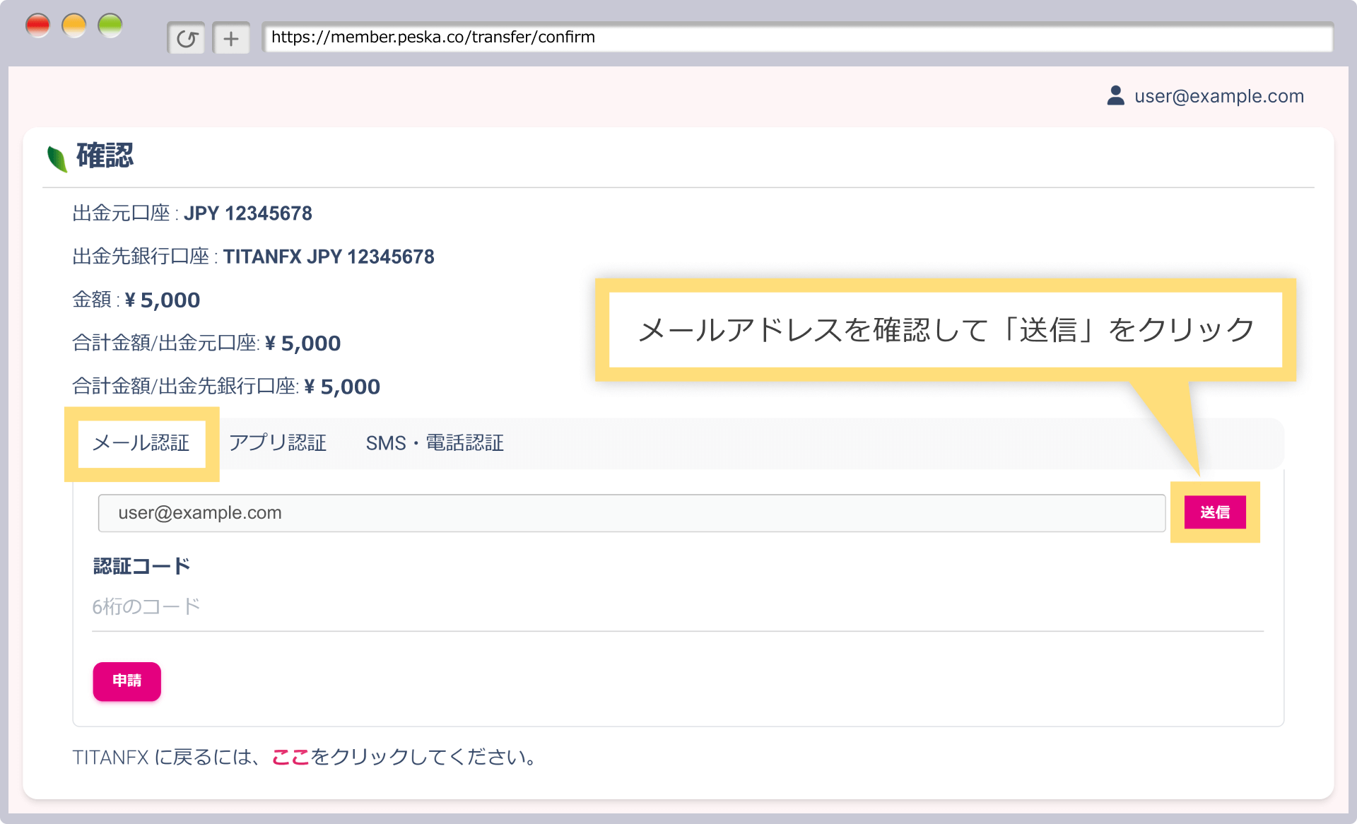 認証コードの入力(メール認証の場合)