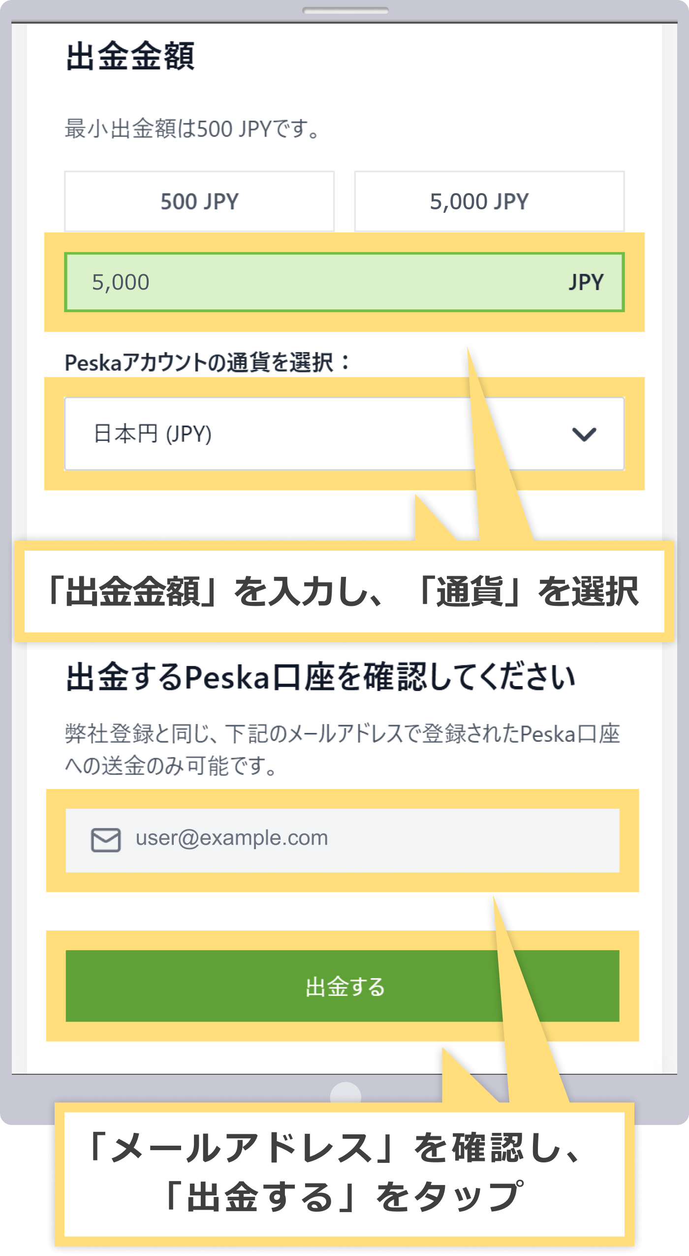 出金額の入力とPeska口座の確認、出金リクエストの送信