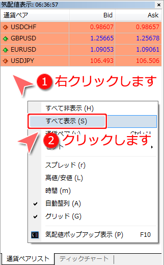 気配値表示ウインドウ内通貨ペア「すべて表示」選択画面