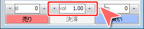 MetaTrader4 「板注文画面」取引数量1.00ロット設定画面
