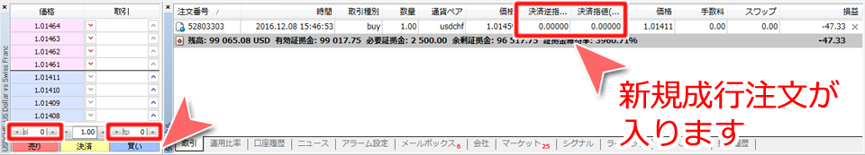 MetaTrader4 「板注文画面」からの成行買い注文画面