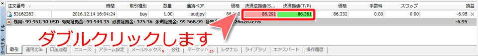 MetaTrader4 ターミナルウインドウからの決済指値・決済逆指値変更方法1