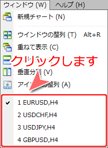 MetaTrader4 「ウインドウ」メニューからの表示チャート切り替え方法