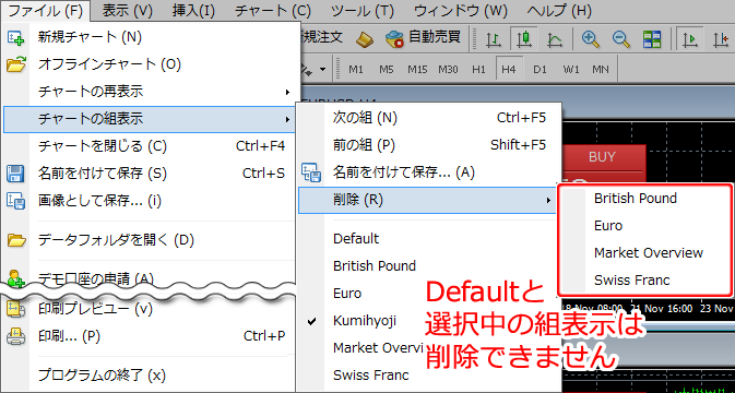MetaTrader4 チャートの組表示削除選択画面