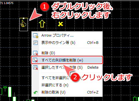 MetaTrader4 チャート内からの「すべての矢印類を削除」選択画面
