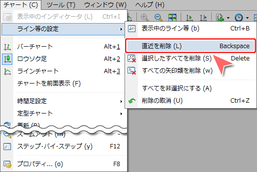 MetaTrader4 メニューバーからの「直近を削除」選択画面