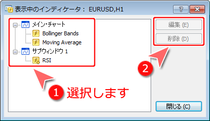 「表示中のインディケータ」ウインドウ 設定画面1