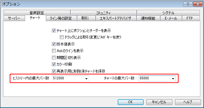 「オプション」－「チャート」タブ 最大バー数変更画面