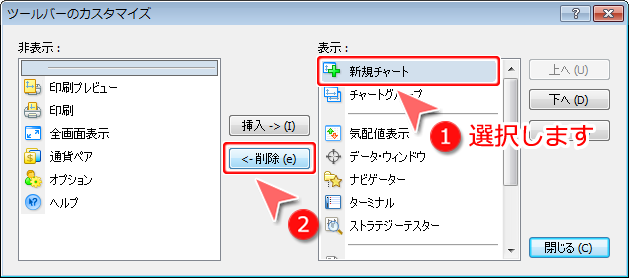 MetaTrader4 「ツールバーのカスタマイズ」非表示設定画面1