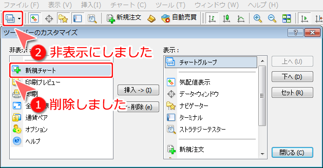 MetaTrader4 「ツールバーのカスタマイズ」非表示設定画面2