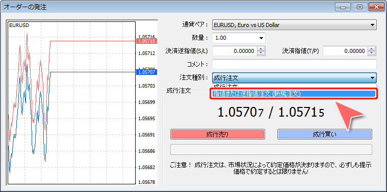 「オーダーの発注」注文種別選択画面1