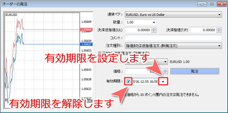 「オーダーの発注」注文の有効期限設定画面