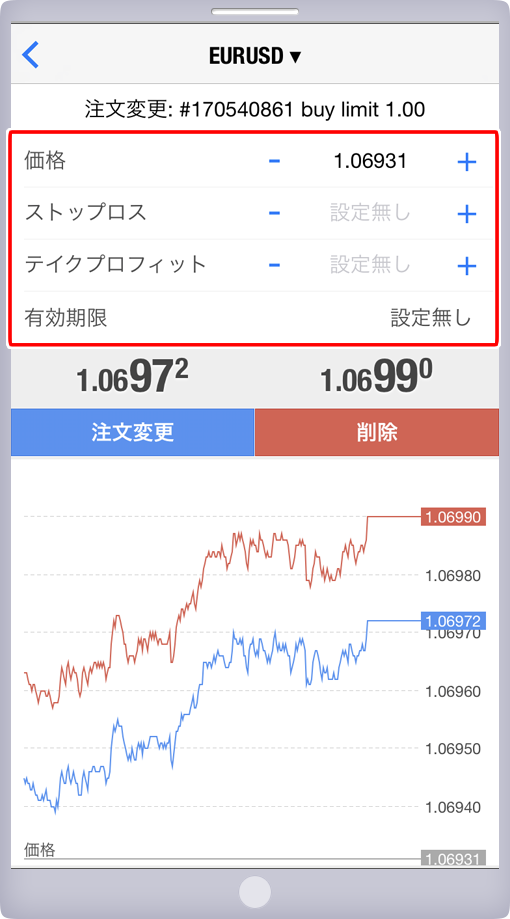 「オーダーの発注」パネル 価格・期限指定画面
