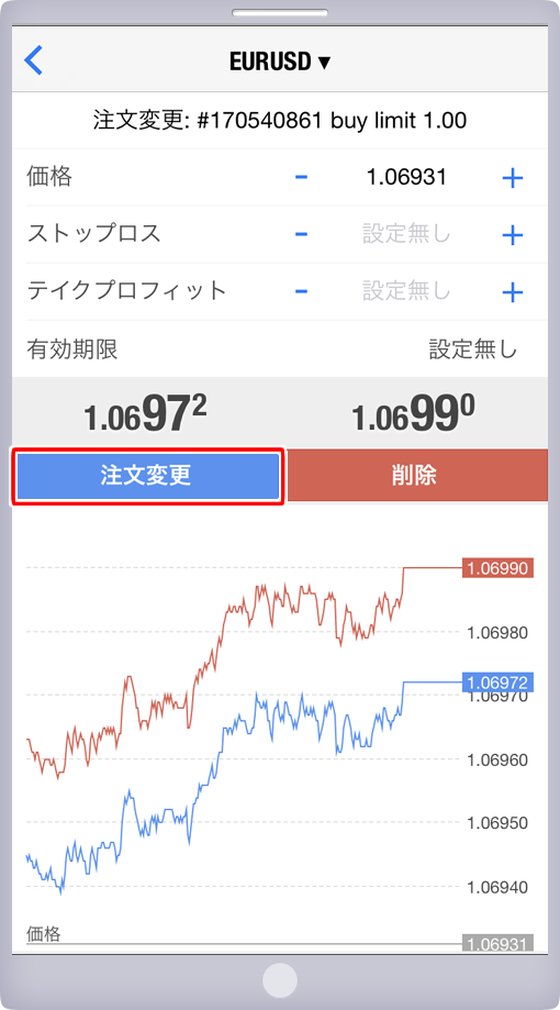 「オーダーの発注」パネル 注文変更画面