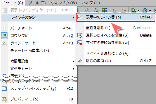 MetaTrader4 メニューバーからのライン選択画面
