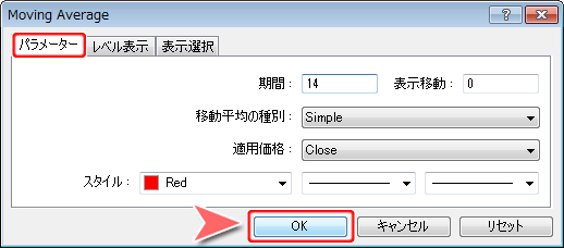 「Moving Average」設定ウインドウ