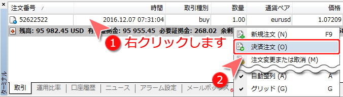 MetaTrader4 ターミナルウインドウからの成行決済方法2