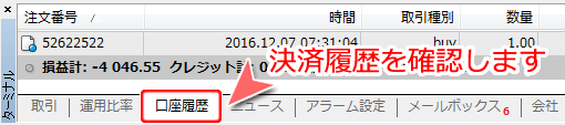 MetaTrader4 ターミナルウインドウ内「口座履歴」タブ
