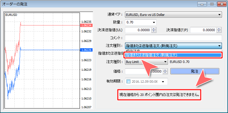 「オーダーの発注」パネル 現在価格からの設定ポイント圏表示画面