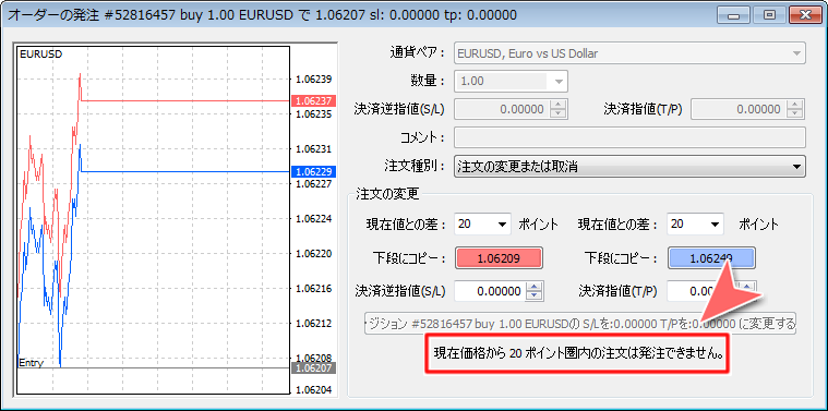 「オーダーの発注」パネル 現在価格からの設定ポイント圏表示画面