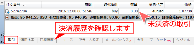 MetaTrader4 ターミナルウインドウ内「取引」タブ