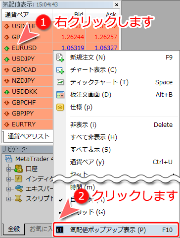 MetaTrader4 気配値表示ウインドウからの「気配値のポップアップ表示」パネル表示方法