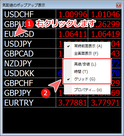 MetaTrader4 「気配値のポップアップ表示」パネル表示設定画面2