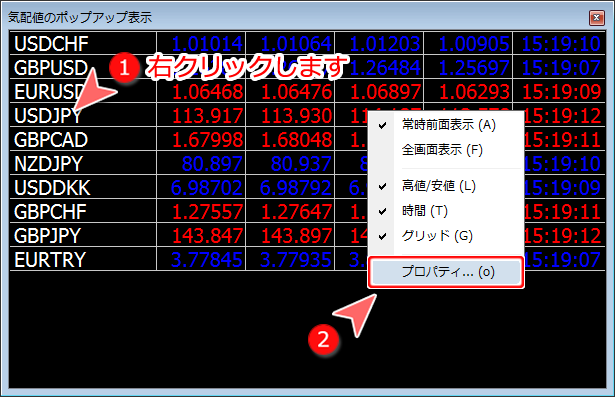 MetaTrader4 「気配値のポップアップ表示」パネルプロパティ表示画面