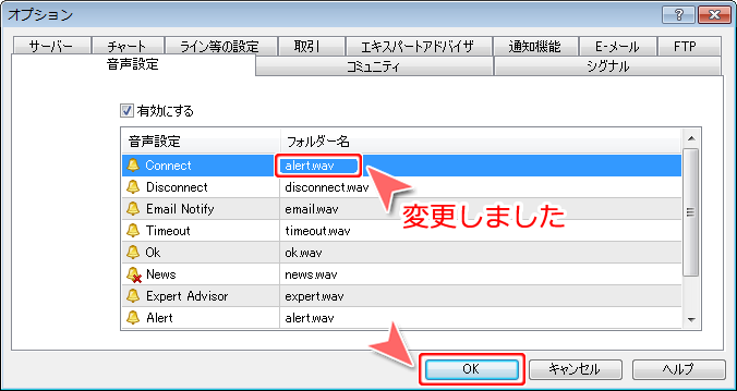 MetaTrader4 「オプション」－「音声設定」タブ変更完了画面