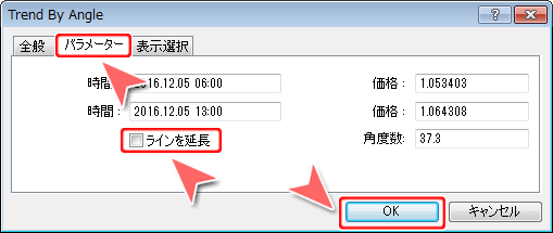 MetaTrader4 角度によるトレンドラインプロパティ「パラメーター」タブ画面