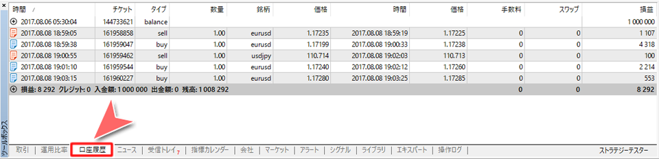 ツールボックス内「口座履歴」タブ画面