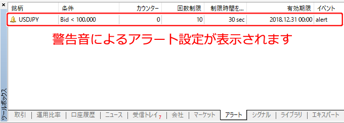 ツールボックス アラート設定完了画面