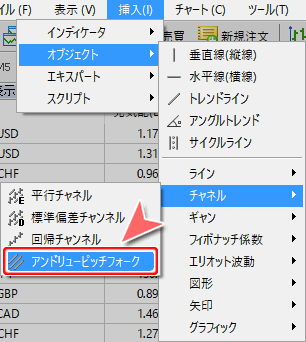 メニューバーからの「アンドリューピッチフォーク」コマンド選択方法